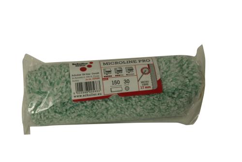 Beskrivelse af billede: En forseglet, gennemsigtig plastemballage indeholder en lys grøn mikrofiber moppehoved refill. Etiketten viser produktinformation, inklusive mærke og model.
